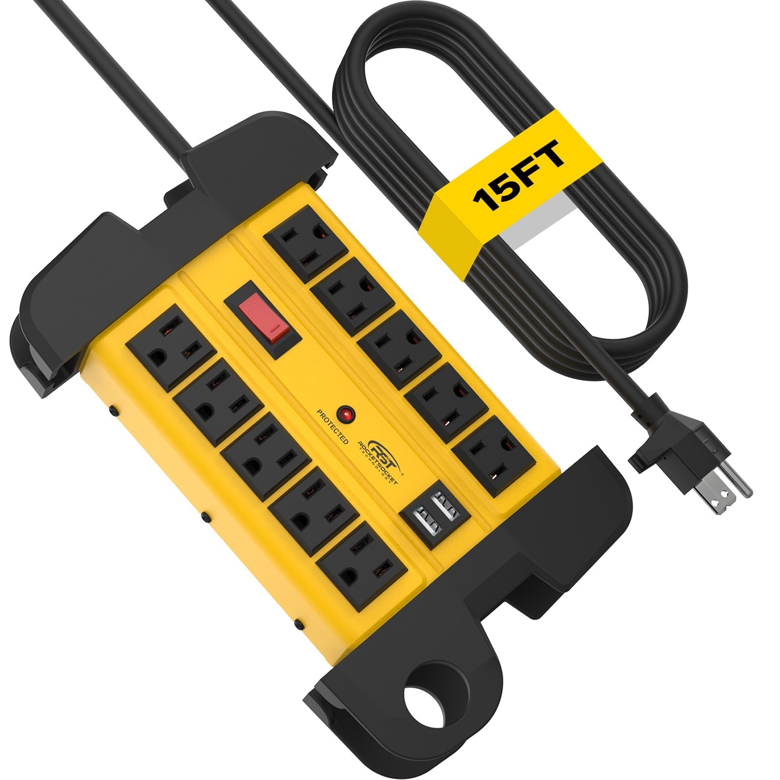 CRST 10-Outlet Metal Power Strip Surge Protector, 2800 Joules, 15ft Heavy Duty Cord with Management Wrap, Dual USB Ports, Industrial Mountable Design for Workshop & Garage CRST