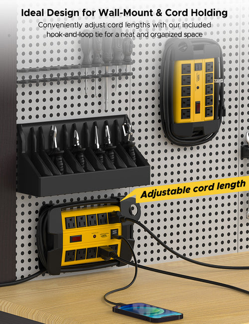 CRST 10-Outlet Metal Power Strip Surge Protector, 2800 Joules, 15ft Heavy Duty Cord with Management Wrap, Dual USB Ports, Industrial Mountable Design for Workshop & Garage CRST