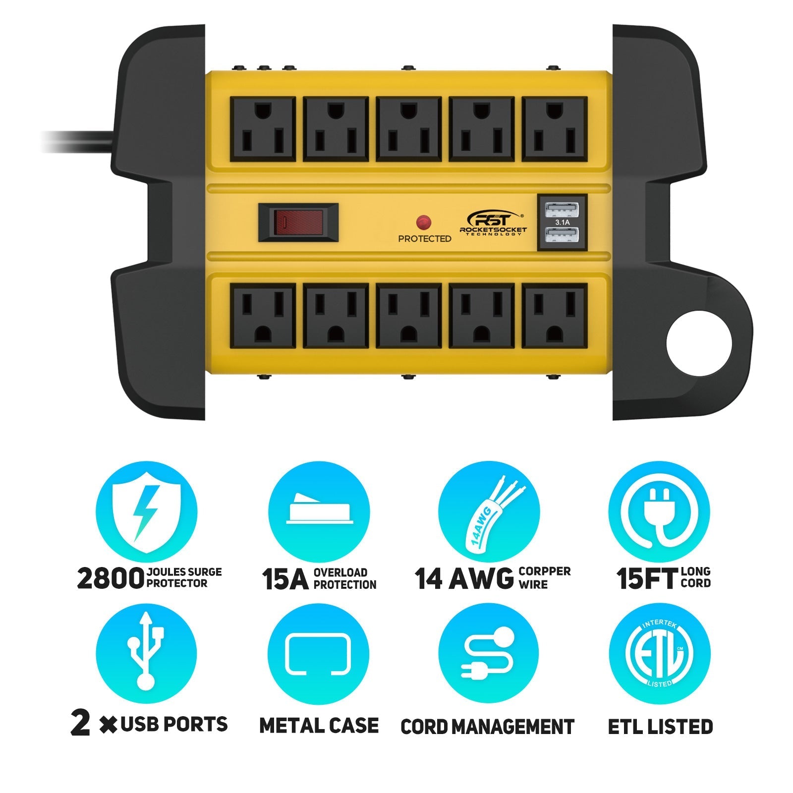 CRST 10-Outlet Metal Power Strip Surge Protector, 2800 Joules, 15ft Heavy Duty Cord with Management Wrap, Dual USB Ports, Industrial Mountable Design for Workshop & Garage CRST