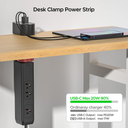 CRST Desk Clamp Power Strip | 3 Outlets + 3 USB (20W USB-C PD), 1020J Surge Protector, No-Drill Mount, 45° Flat Plug, 6ft Cord CRST