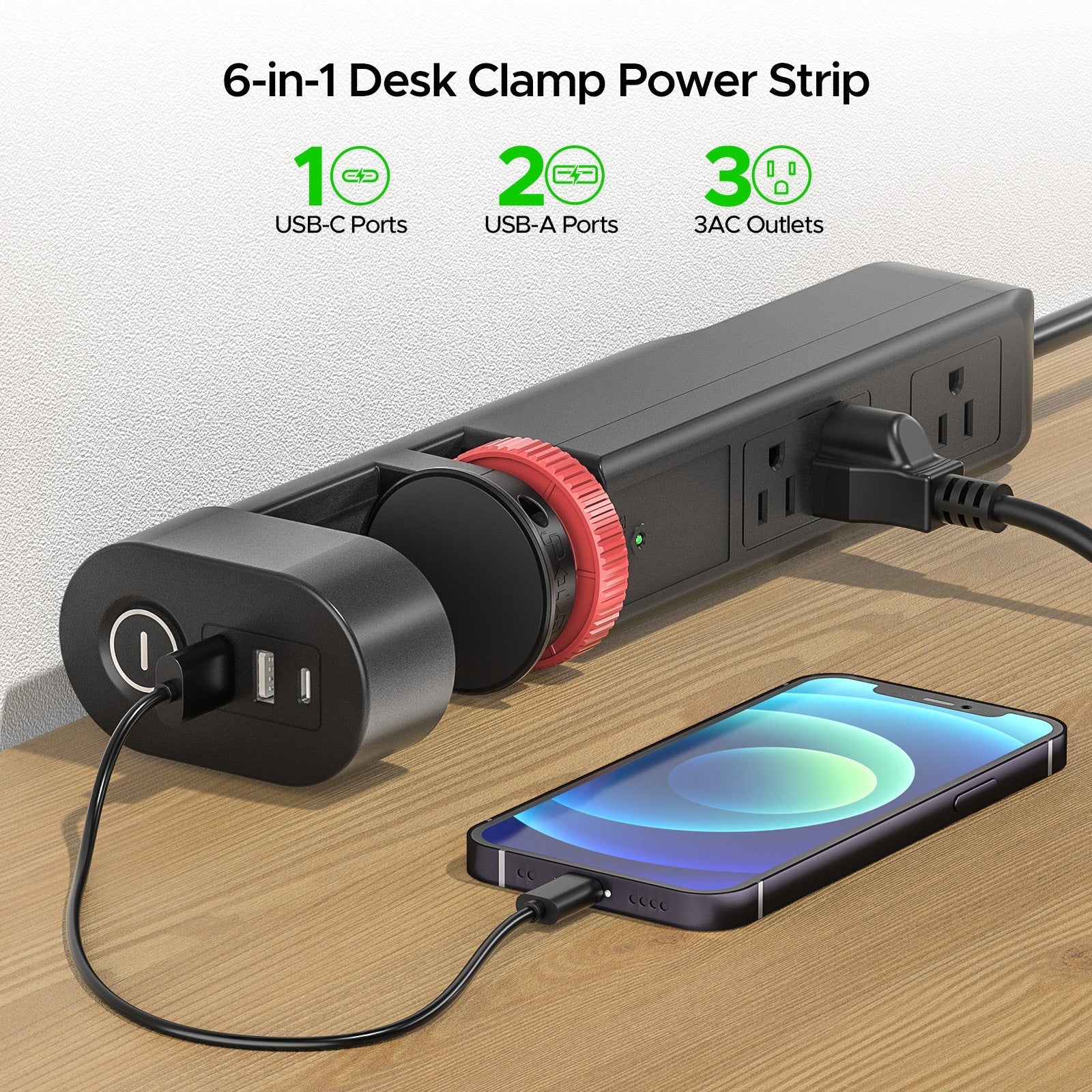 CRST Desk Clamp Power Strip | 3 Outlets + 3 USB (20W USB-C PD), 1020J Surge Protector, No-Drill Mount, 45° Flat Plug, 6ft Cord CRST