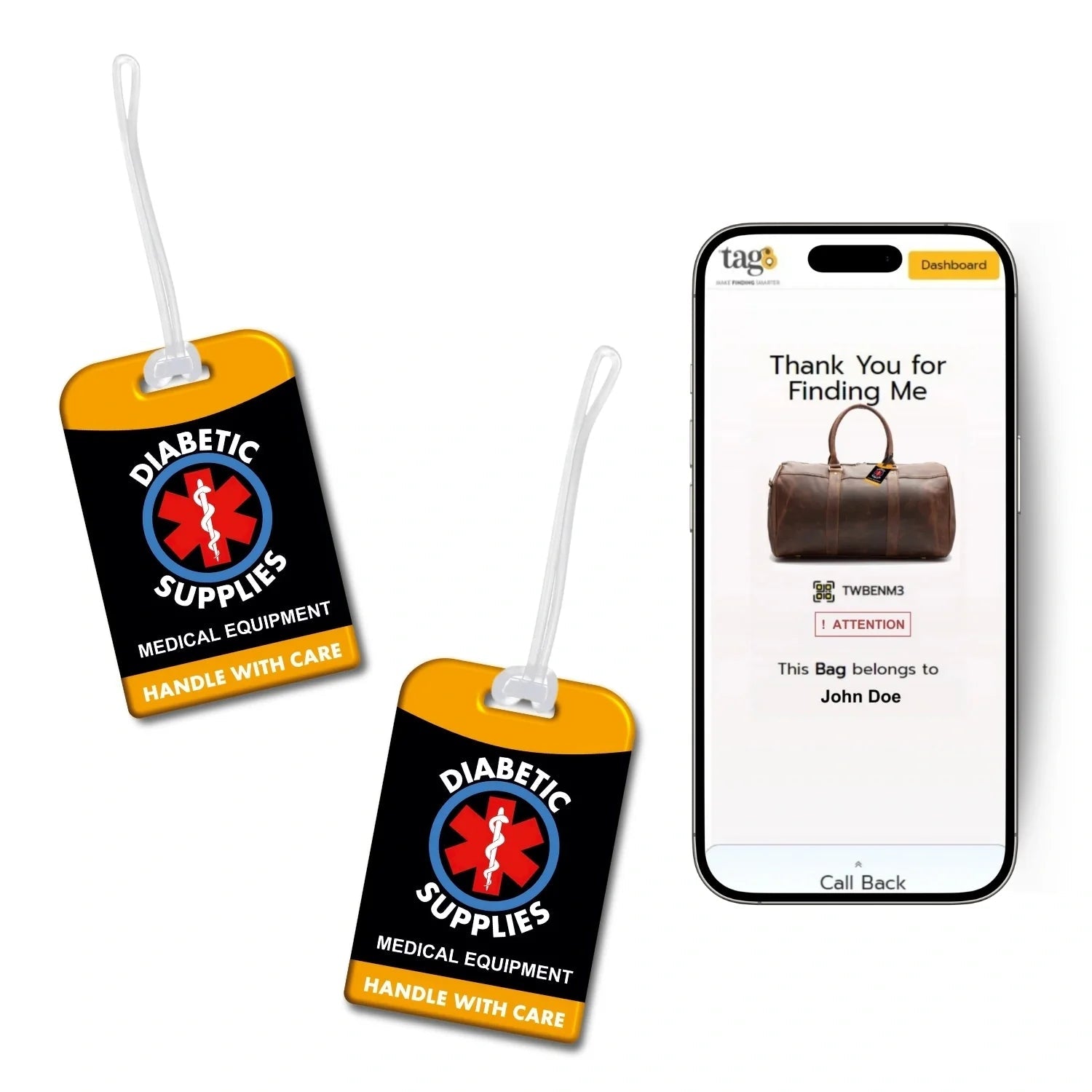 Diabetic Equipment Tag Yellow Color [Pack 2] Global Lost Recovery Service | 2800+ Airports worldwide