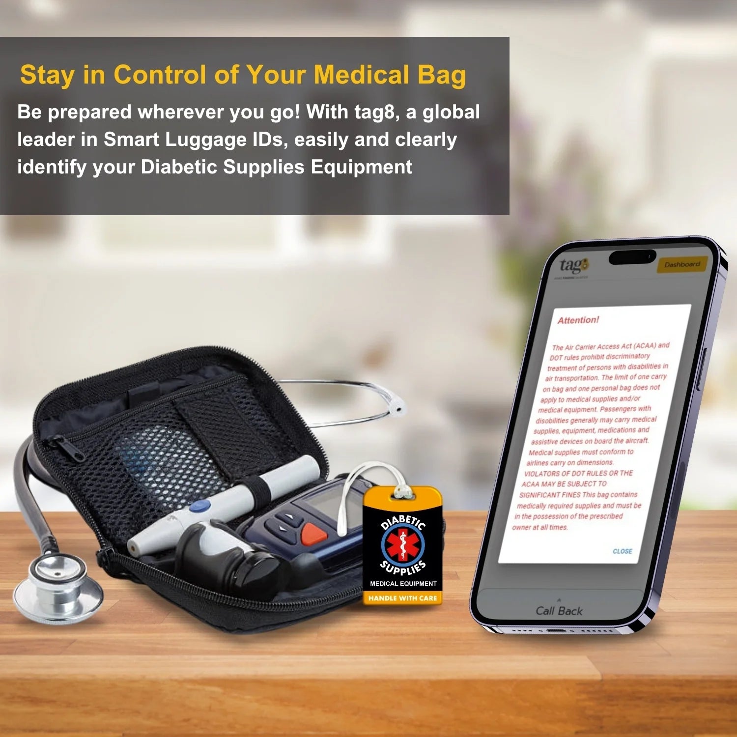 Diabetic Equipment Tag Yellow Color [Pack 2] Global Lost Recovery Service | 2800+ Airports worldwide