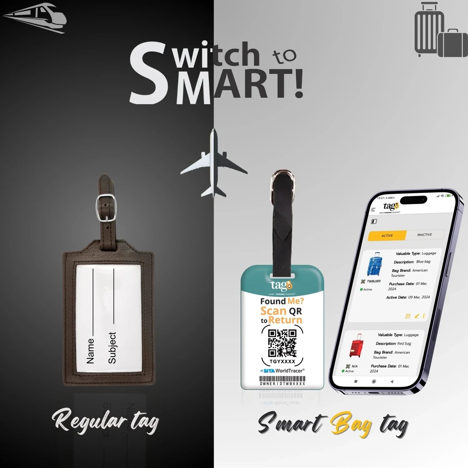 Smart Bag Security Tag - Florence [Pack 2] Global Lost Recovery Service | 2800+ Airports worldwide