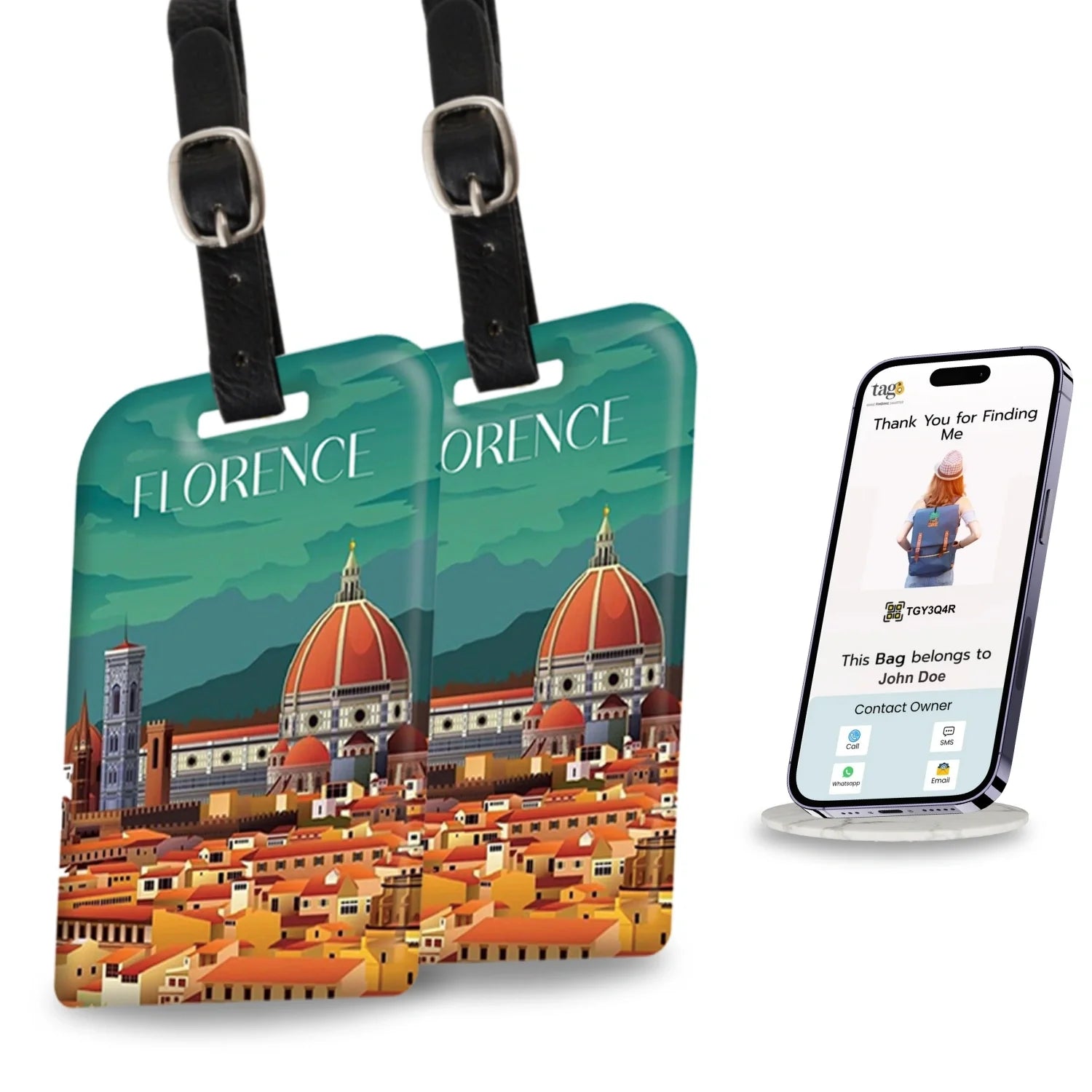 Smart Bag Security Tag - Florence [Pack 2] Global Lost Recovery Service | 2800+ Airports worldwide