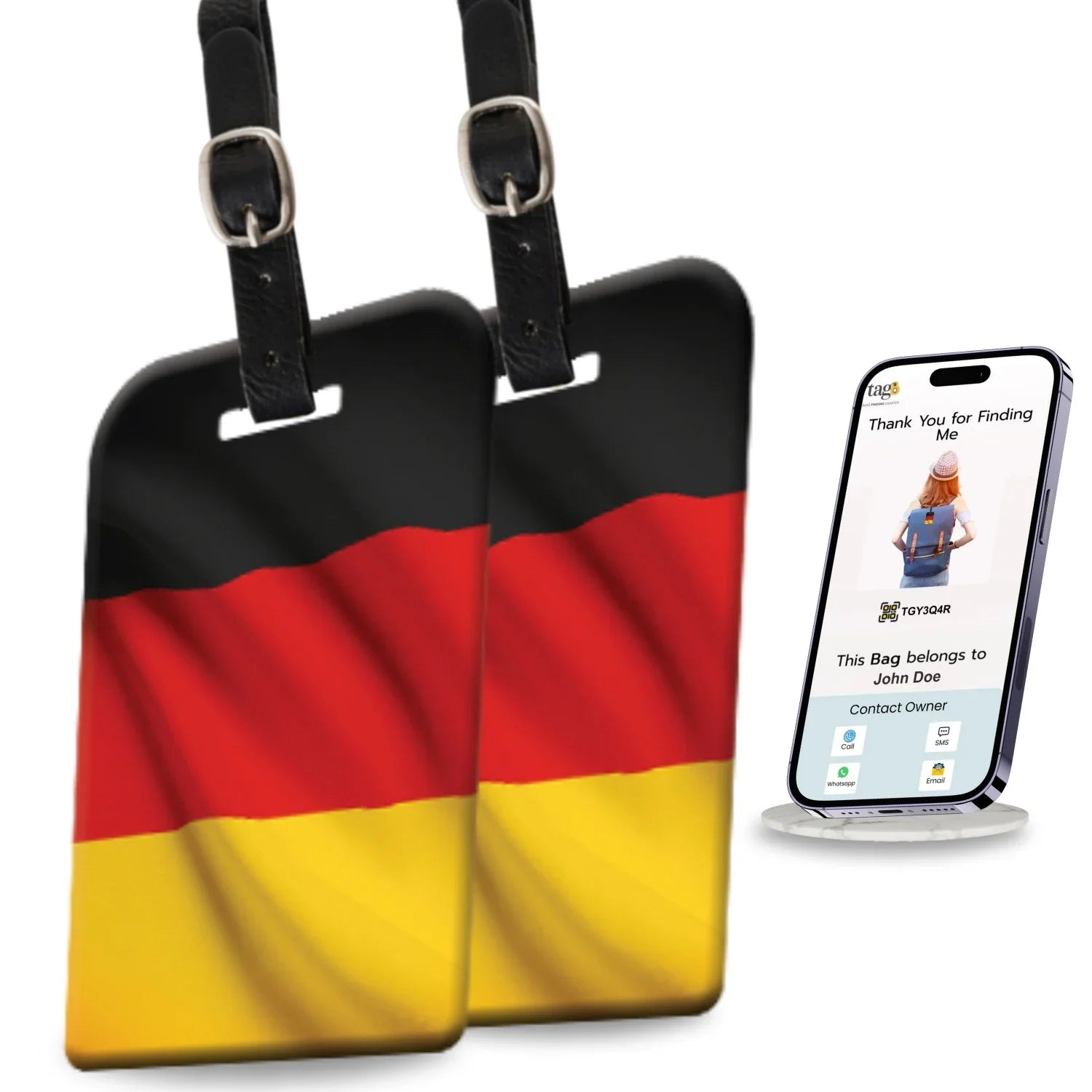 Smart Bag Security Tag - Germany Flag [Pack 2] Global Lost Recovery Service | 2800+ Airports worldwide