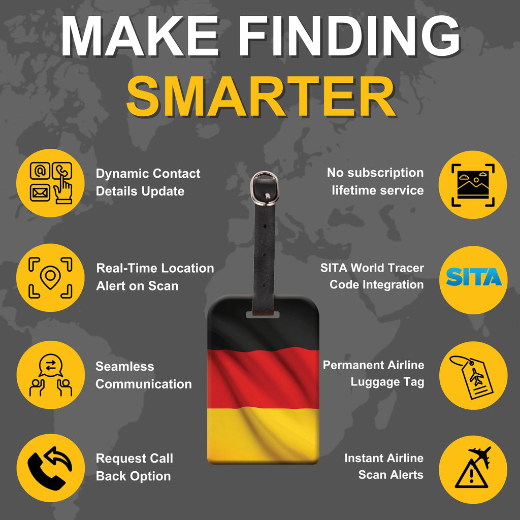 Smart Bag Security Tag - Germany Flag [Pack 2] Global Lost Recovery Service | 2800+ Airports worldwide