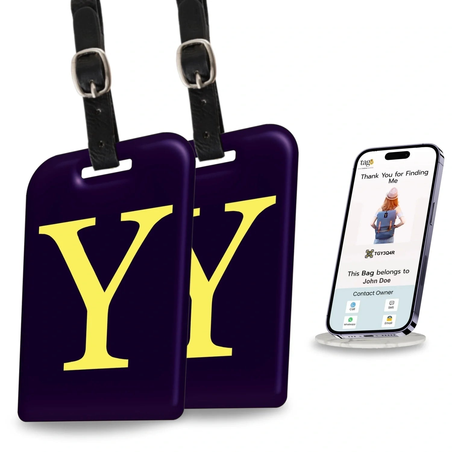 Initials Bag tag Y  [pack 2] Global Lost Recovery Service | 2800+ Airports worldwide