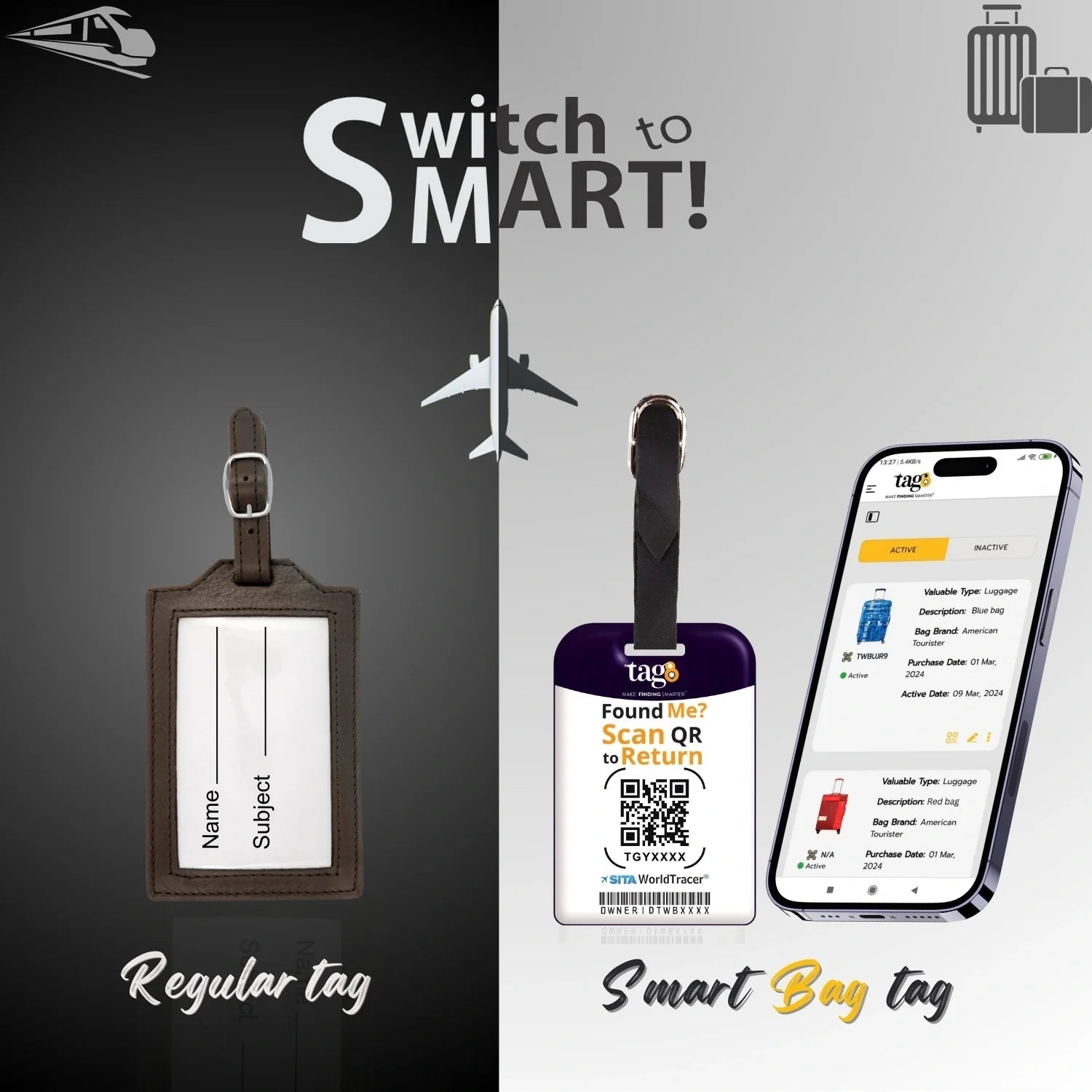 Initials Bag tag Y  [pack 2] Global Lost Recovery Service | 2800+ Airports worldwide