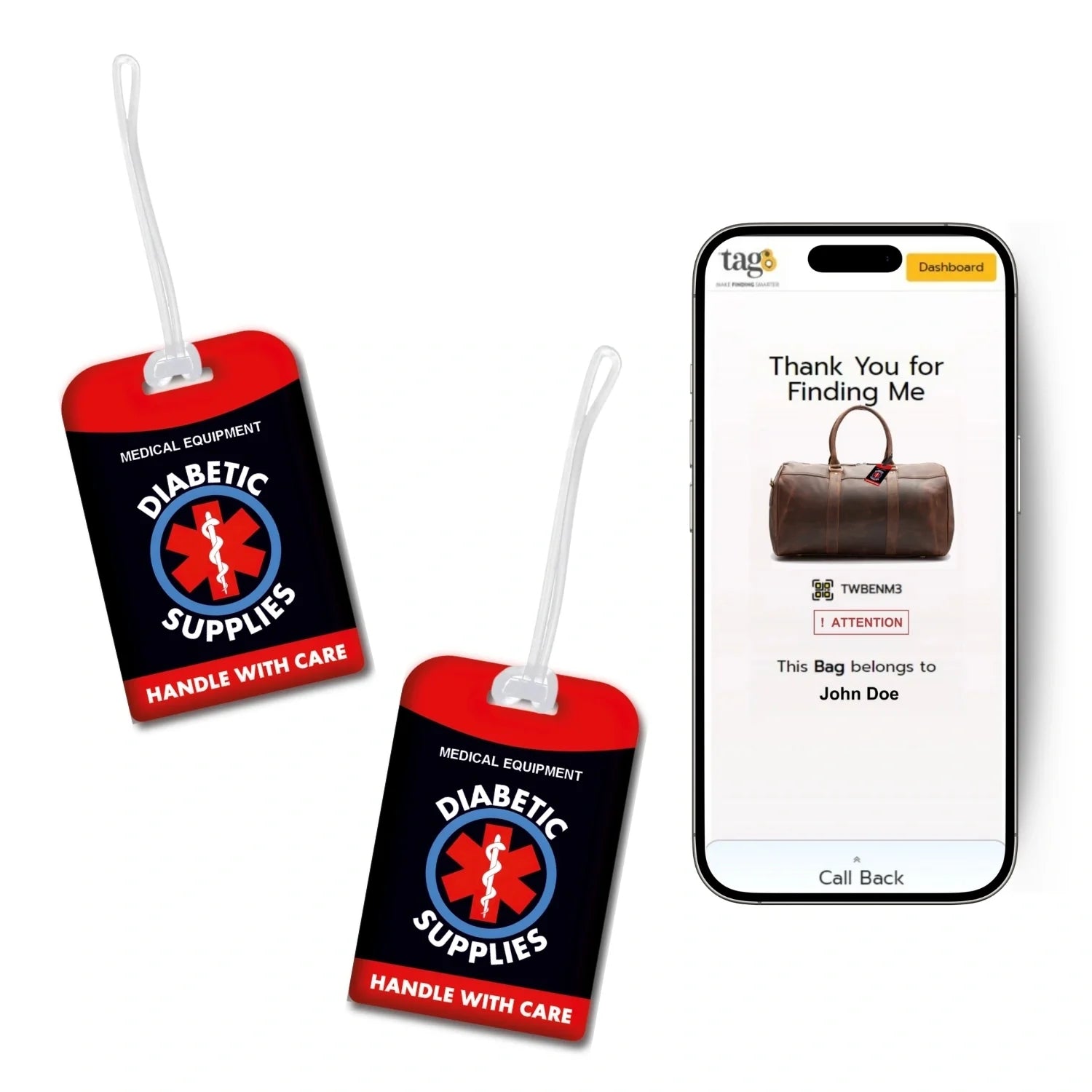 Diabetic Equipment Tag Red Color [Pack 2] Global Lost Recovery Service | 2800+ Airports worldwide