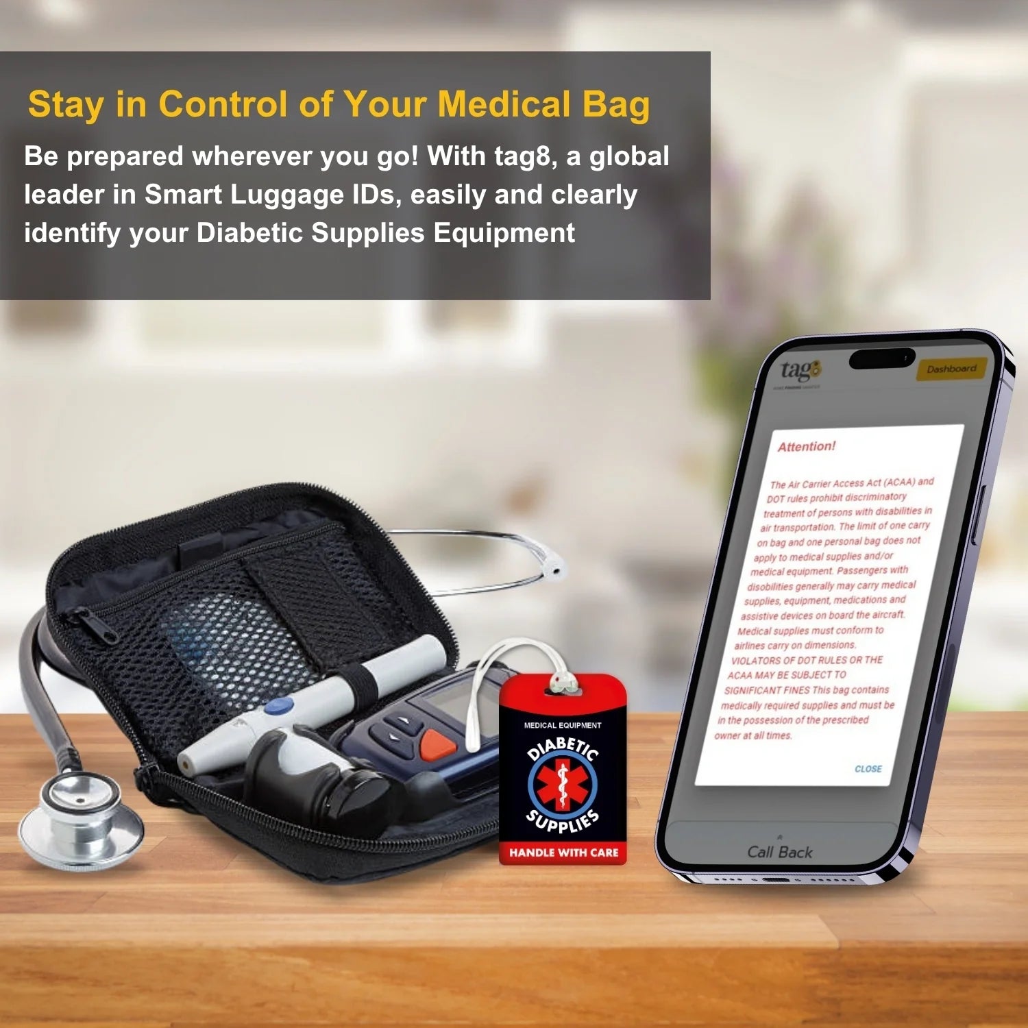 Diabetic Equipment Tag Red Color [Pack 2] Global Lost Recovery Service | 2800+ Airports worldwide