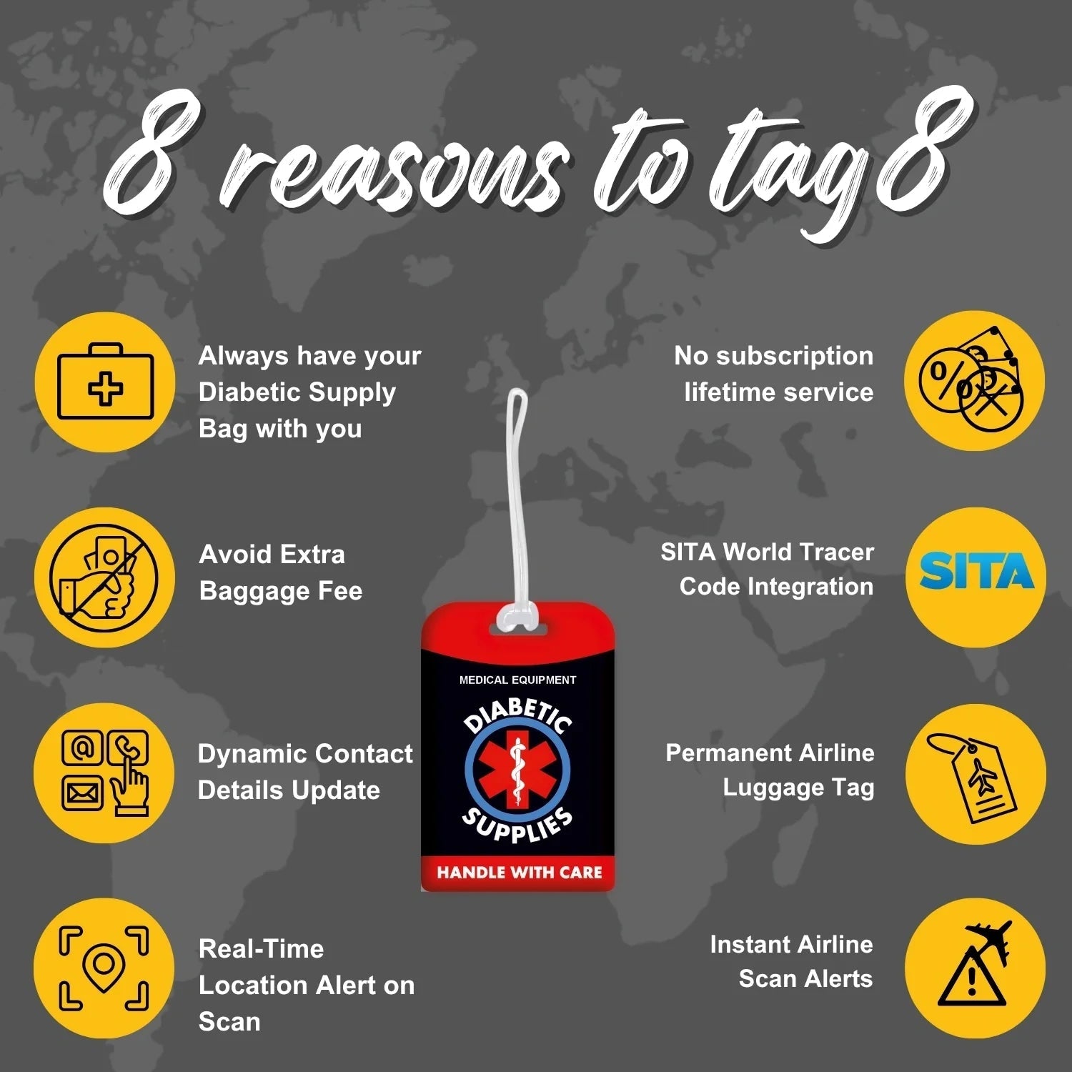 Diabetic Equipment Tag Red Color [Pack 2] Global Lost Recovery Service | 2800+ Airports worldwide