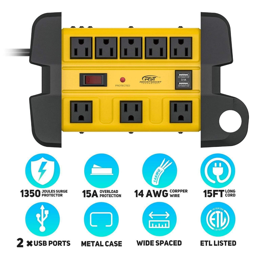 CRST Wide Spaced 8-Outlet Metal Power Strip Surge Protector, 1350 Joules Protection, Dual USB Ports, 15F/6FT Heavy Duty Power Cord with Management Wrap, Wall Mountable Design CRST