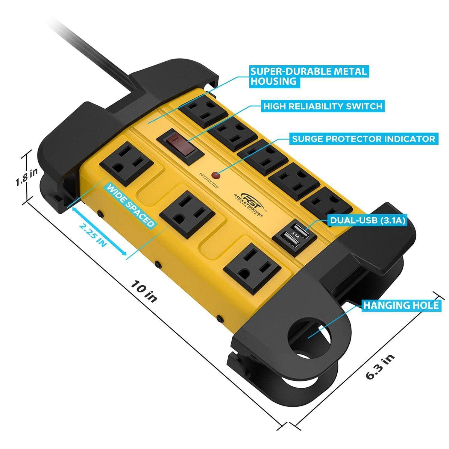 CRST Wide Spaced 8-Outlet Metal Power Strip Surge Protector, 1350 Joules Protection, Dual USB Ports, 15F/6FT Heavy Duty Power Cord with Management Wrap, Wall Mountable Design CRST