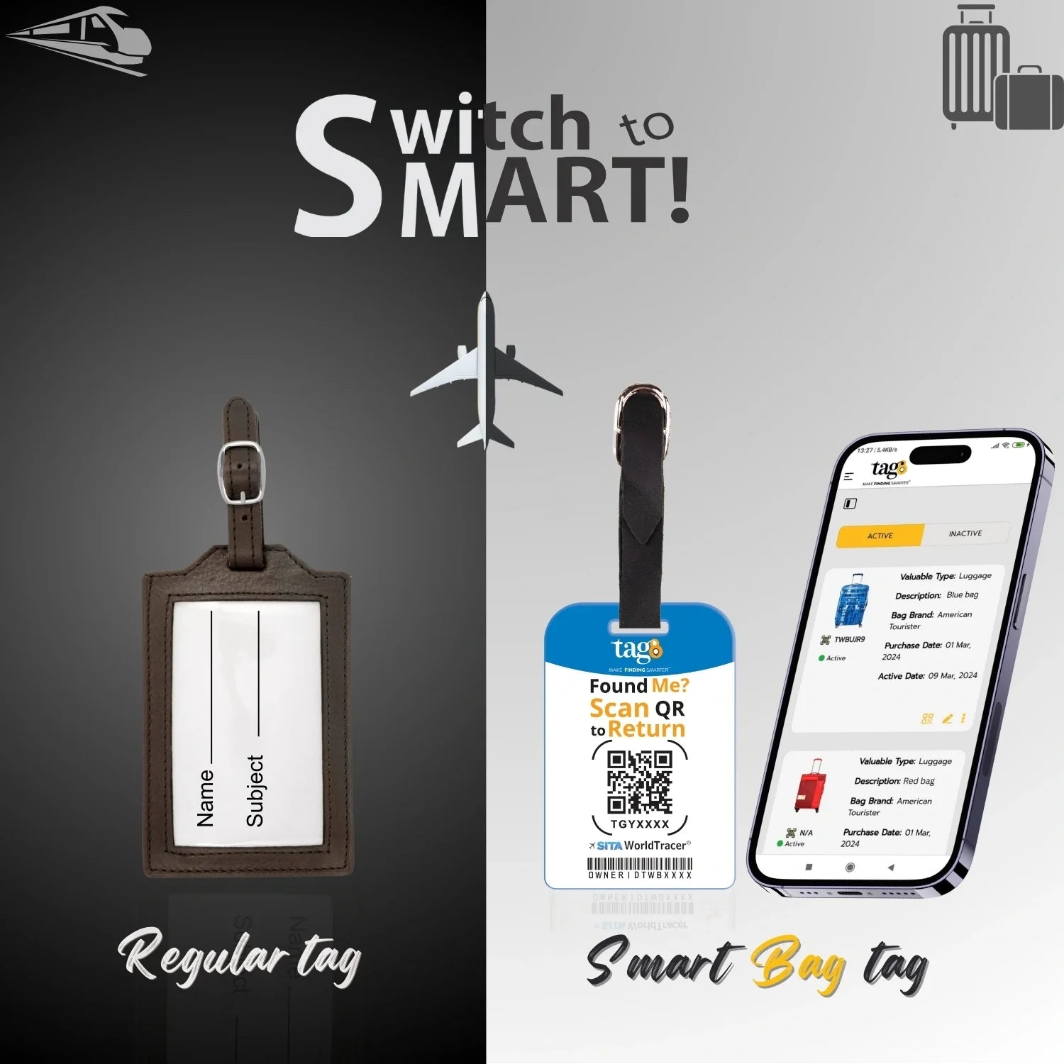 Smart Bag Security Tag - Chicago [Pack 2] Global Lost Recovery Service | 2800+ Airports worldwide