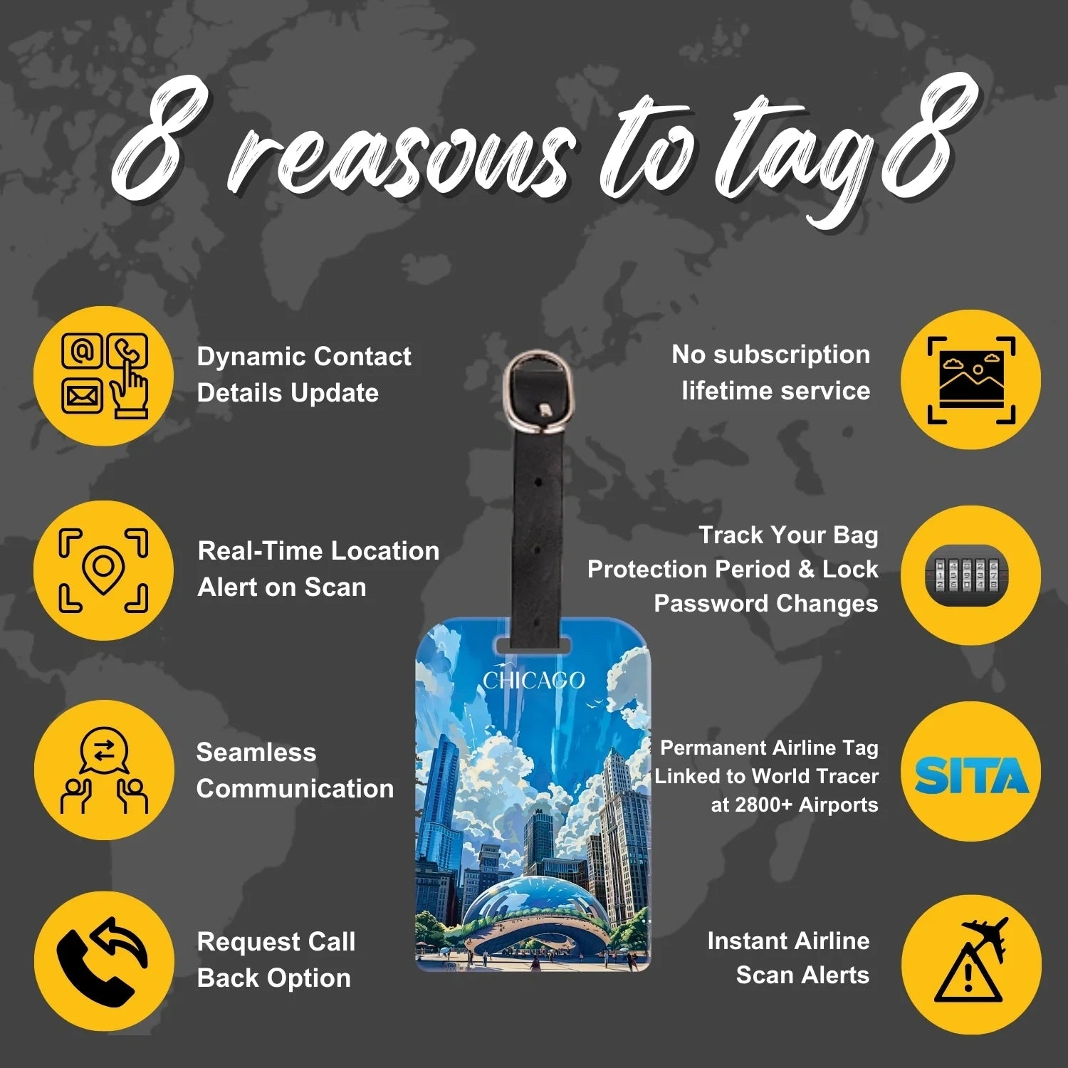 Smart Bag Security Tag - Chicago [Pack 2] Global Lost Recovery Service | 2800+ Airports worldwide