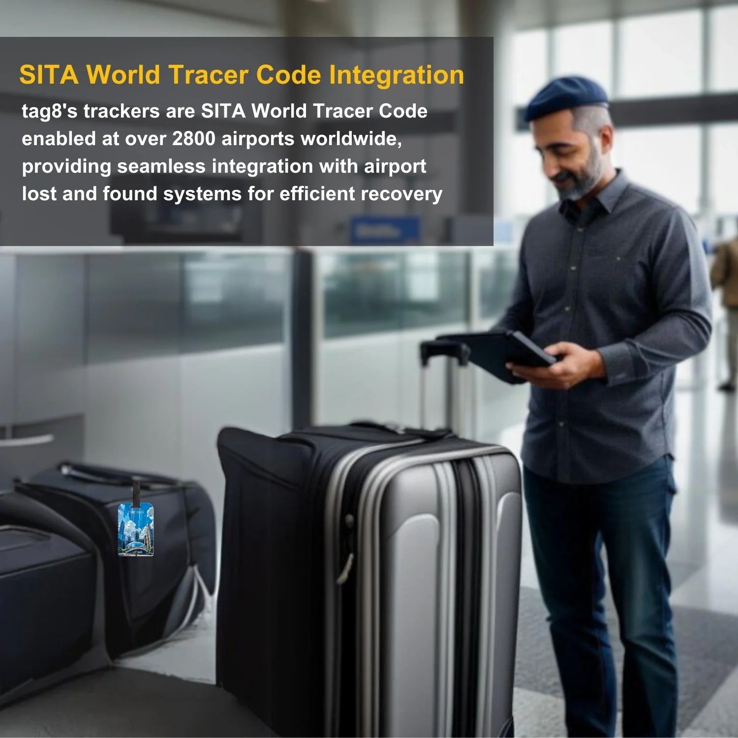 Smart Bag Security Tag - Chicago [Pack 2] Global Lost Recovery Service | 2800+ Airports worldwide