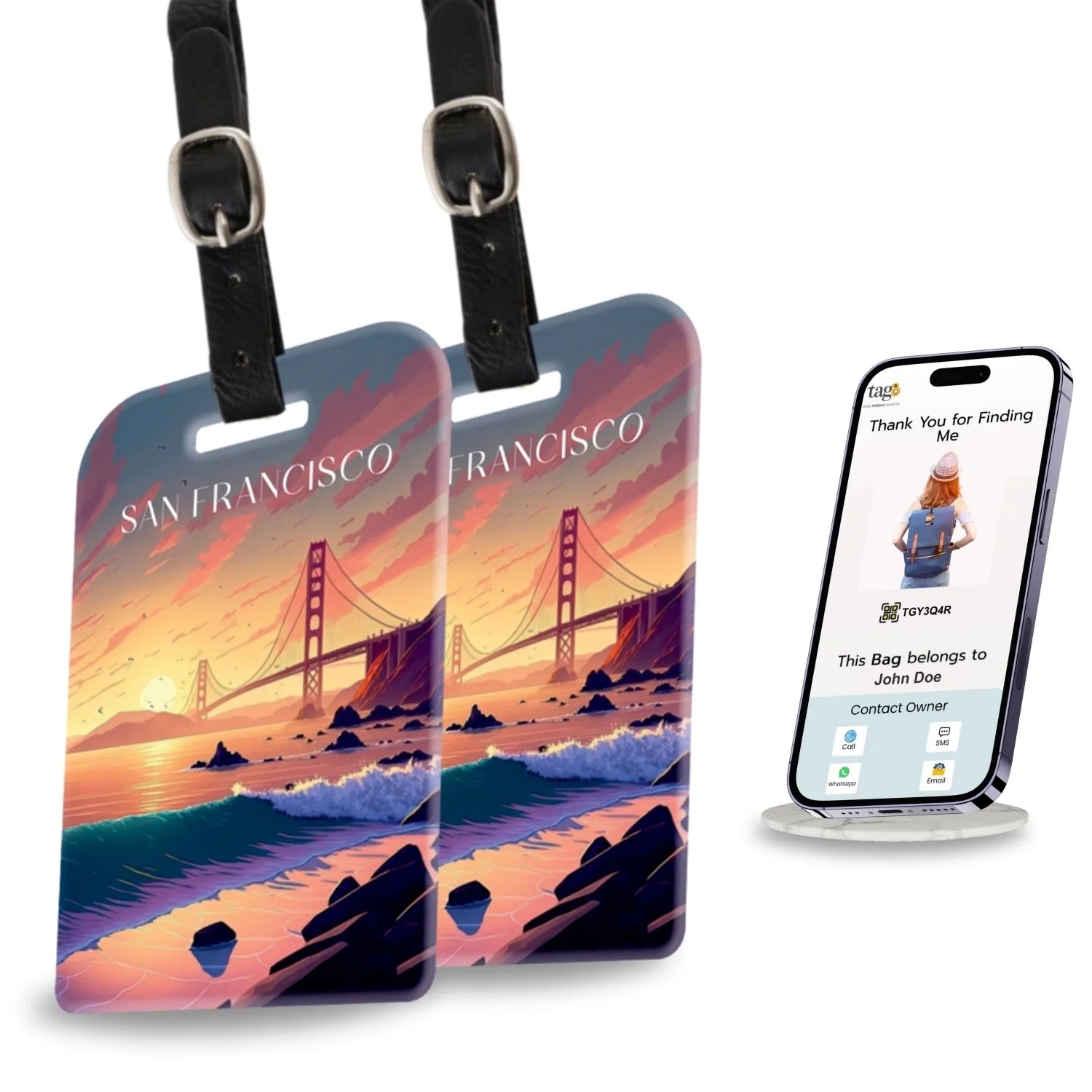 Smart Bag Security Tag - San Francisco  [Pack 2] Global Lost Recovery Service | 2800+ Airports worldwide