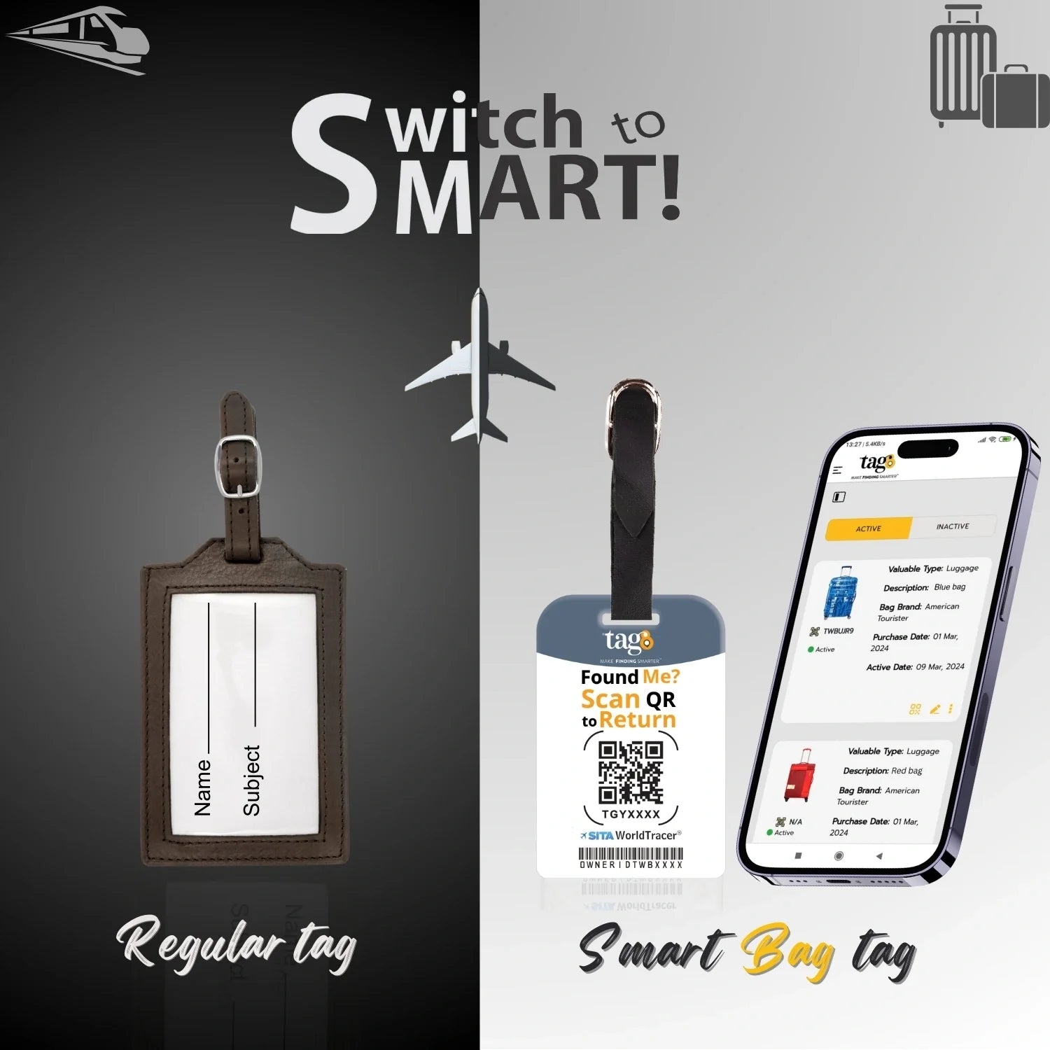 Smart Bag Security Tag - San Francisco  [Pack 2] Global Lost Recovery Service | 2800+ Airports worldwide