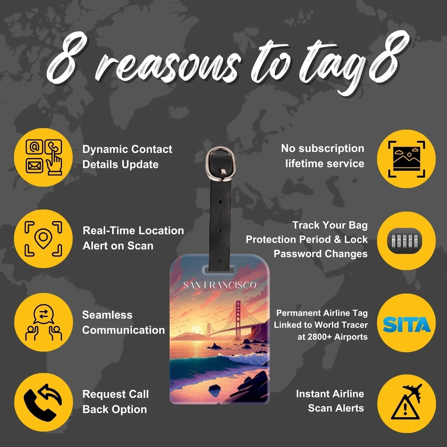 Smart Bag Security Tag - San Francisco  [Pack 2] Global Lost Recovery Service | 2800+ Airports worldwide